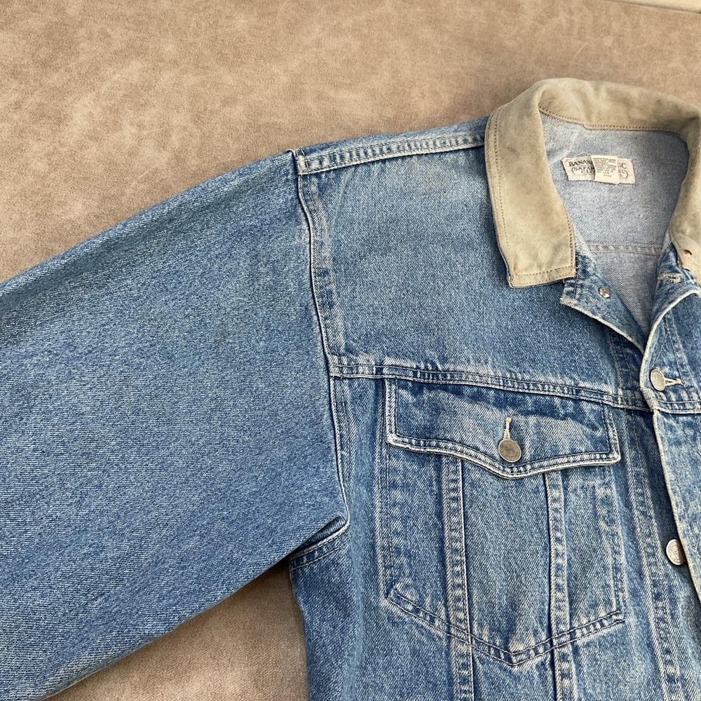 VTG Banana Republic‎ Safari Travel Jean Jacket 90s Denim Leather Trim Trucker L - Picture 13 of 16